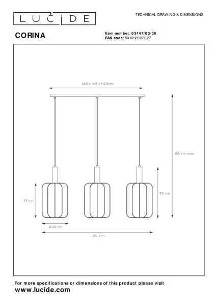 Lucide CORINA - Pendant light - 3xE27 - Black - technical